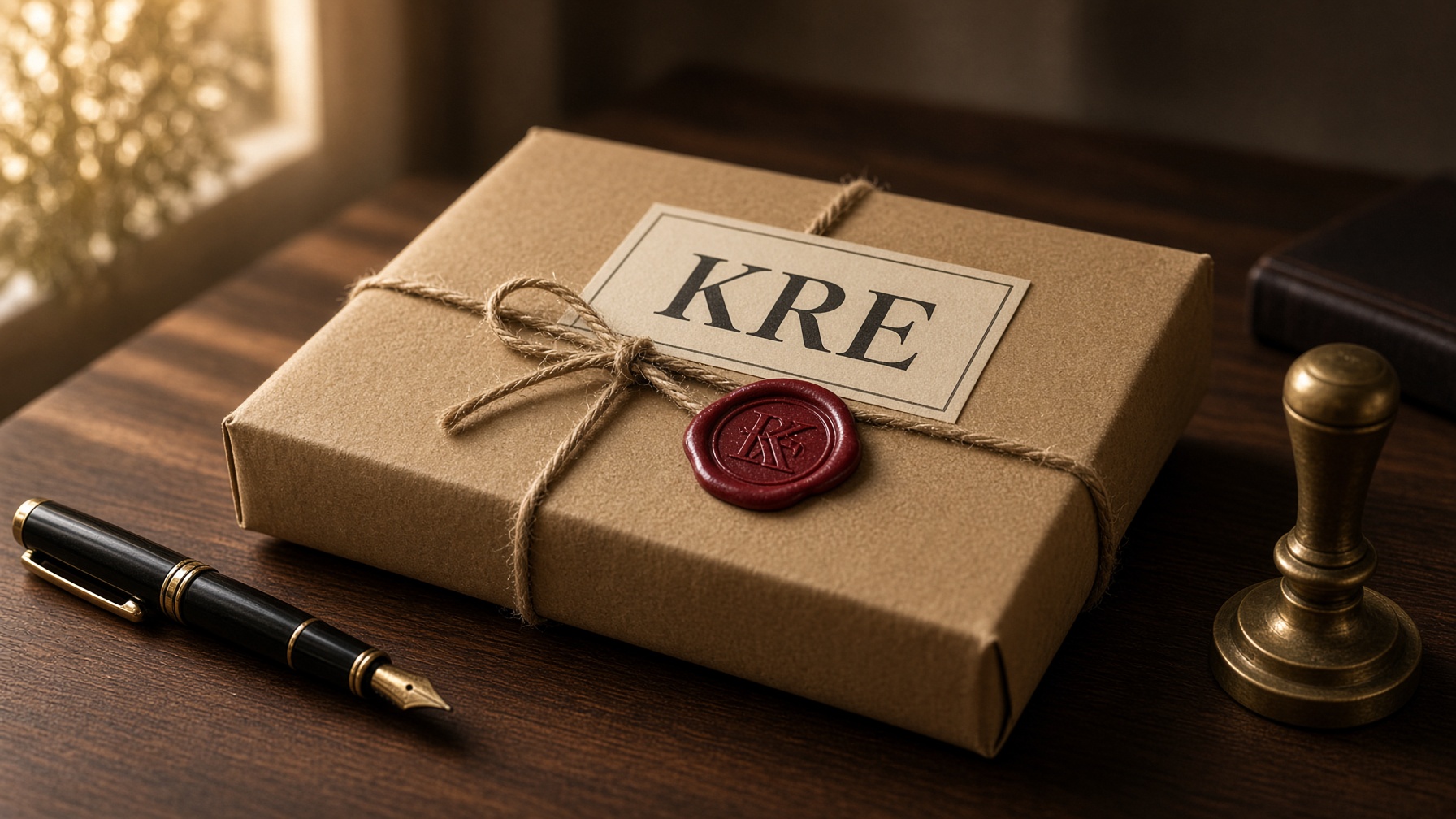 Sealed kraft parcel with a crimson wax seal